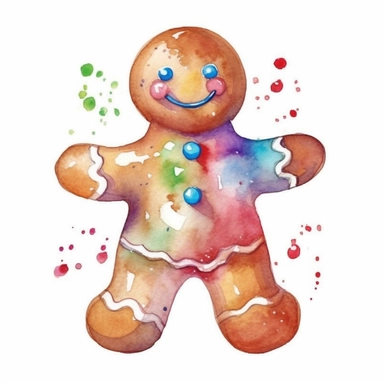 watercolor style, Gingerbread man: A cookie shaped like a person, often decorated with icing and candies. clipart, isolated on white background, 4K