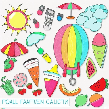 Please create a series of color-pencil clipart illustrations featuring different items related to summer. Each illustration should be drawn in a playful and cheerful style that captures the vibrancy and warmth of the season. Items to include can be beach 
