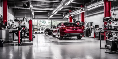 Create an engaging image captured by Sony a7III that depicts a modern auto repair shop operating with professionalism and efficiency. The scene should showcase a well-organized and clean repair shop interior. The mechanics should be portrayed working diligently and in a disciplined manner, wearing proper uniforms that represent the shop's brand. The shop should be equipped with state-of-the-art, technically advanced tools and equipment that highlight the shop's commitment to quality service. The
