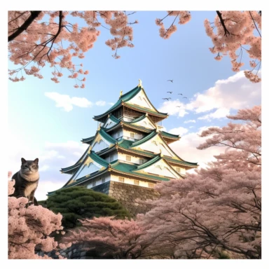 cherry blossoms laden on Osaka Castle Bottom, Siamese Cat wearing a Japanese kimono, sunset. Clipart Watercolor By Yuzo Komori. clean line, white background & space around. Bottom view