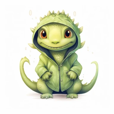 cute funny avocado green dragon, winter, jacket, gift, cute nursery painting, style by Lucy Fleming, watercolor, smooth gradients, black contour outline, ultra detailed, clipart elements, delicate pastel colors, solid white background, super clear, high quality