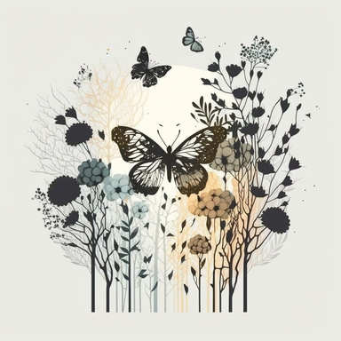 clipart , minimal simple Butterfly over flowers inn a forest Bohemian style ,white background ,no text ,without border
