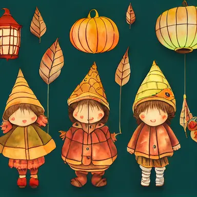 children in autumn clothes on a lantern parade, waldorf, martinmas, chalk, watercolor, clipart, white background, cartoon