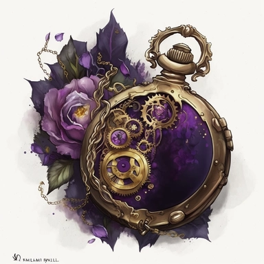 Steampunk pocket watch with a purple face and gold gears ,watercolor, Steampunk, dark purple color theme, Detailed, clipart, sweet, png transparent background