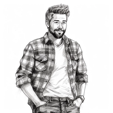 Man in flannel shirt, natural pose, black line drawing, Clipart