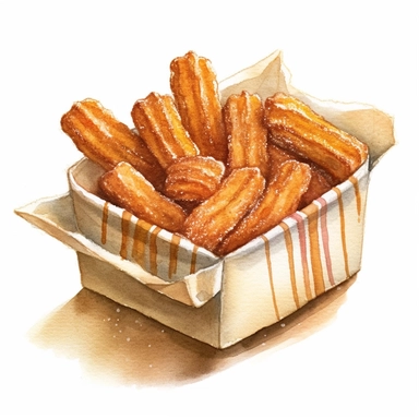 an enchanting watercolor, hyper-realistic clipart image with a white background and white margins, featuring a box of fresh and warm churros. The ultra-detailed, hand-drawn elements capture the ridged texture and golden color of the churros. Use whimsical touches to add a sense of delight, and bold shades of brown to evoke the sweet and doughy deliciousness of this fast food dessert.