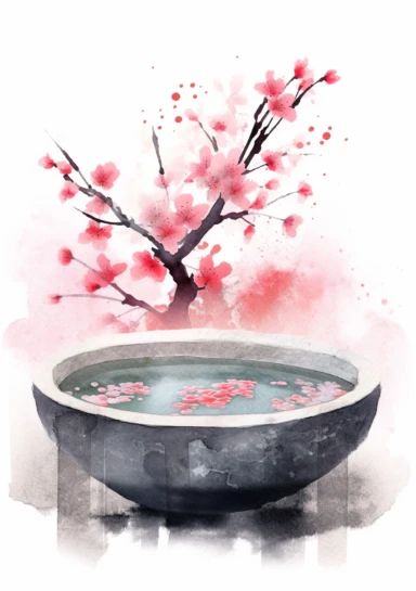 a Zen garden stone bowl - Japanese Serenity: Cherry Blossoms (Japan), Lotus (India), Chrysanthemums (China) - artistic watercolor clipart