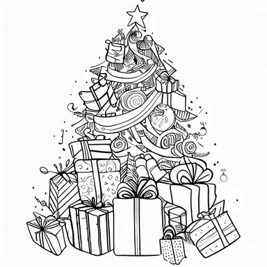 Christmas Presents, tree, gifts, clipart style, line art, bold lines, smooth lines, clean, white, mono, fun, simple, “interesting complimenting background” uhd, 32k