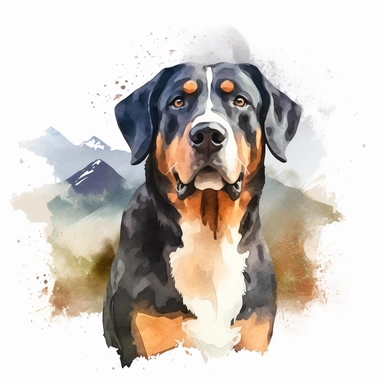Greater Swiss Mountain Dog, water color style, clipart, white background