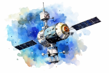 Watercolor, Generate an image of a communications satellite in geostationary orbit clipart, hd, on a white background, spaced out