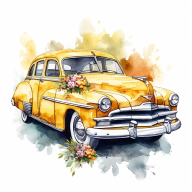 Romantic photo-realistic watercolor car, retro style, vintage, bright yellow color, Cuban style with flowers, isolated on the white background, wedding style, vintage, translucent, vibrant colors, fashion photography, watercolor clipart