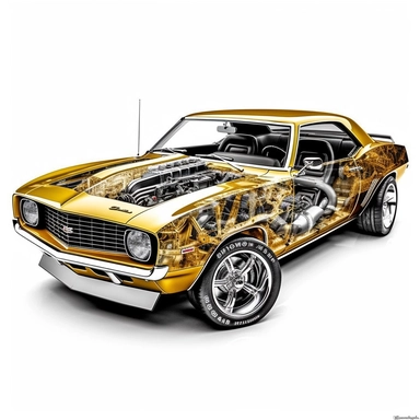 Create an eye-catching visual clipart of a 1969 Chevrolet Camaro Z28 vintage car with an exploded view that showcases the intricate details and mechanics of the vehicle, plain white background. Use the golden hour lighting effect to highlight the elegance