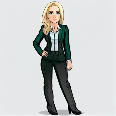 A clipart of a full body, blonde girl, blue-green eyes, who works as a lawyer, happy, white shirt, black pants.