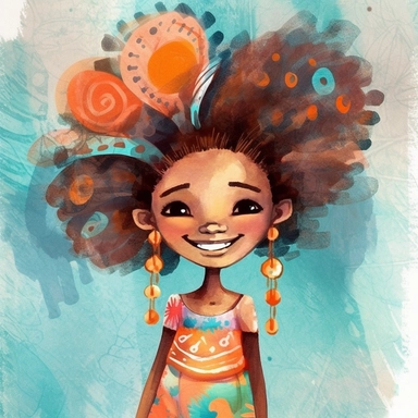 A joyful clipart portraying an African American girl with a charmingly textured hairstyle, adorned in fashionable and whimsical garments, set against a high-resolution and grey background, brought to life with the vibrant colors and free-flowing brushstrokes of a watercolor art style,