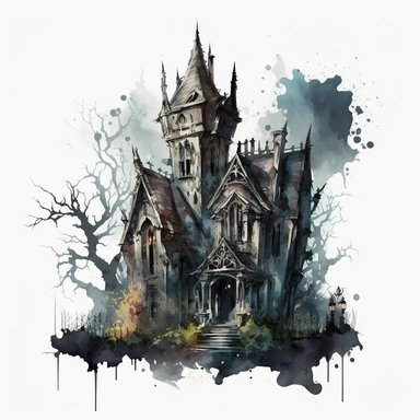 isolated clipart image of a spooky gothic house with intricate architectural details, twisted spires, and looming shadows, each house unique in its design, showcasing different elements like pointed windows, wrought-iron gates, and weathered stone walls, surrounded by a foggy atmosphere that adds a sense of mystery and intrigue, watercolor painting, delicate brushstrokes capturing the eerie charm,