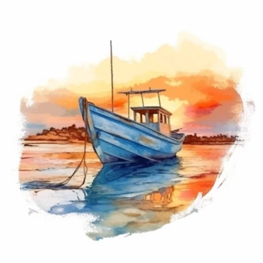 clipart de acuarela de barcas en el mar en atardecer sobre fondo trasero blanco, super detallado,moche art, 16k, full color, fotorealista, obra maestra, manchas de acuarela
