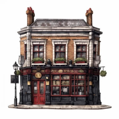 olde london pub on street corner clipart, single image, white background