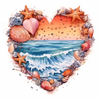 Orange beach heart shape, illustration clipart, detailed, black outline, white background, digital art, watercolor