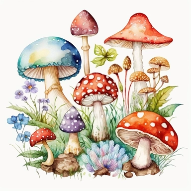 fairy tale, mushrooms and toadstools patch, Watercolour, Magic Mystical Mushrooms clipart, white background