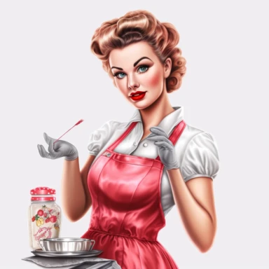 beautiful pretty pin up woman, makeup and hair 50's style, diferent poses,maid dressed, paint art style, cleaning furniture 50's style, detail, clipart, white background, superrealistic, one of a kind