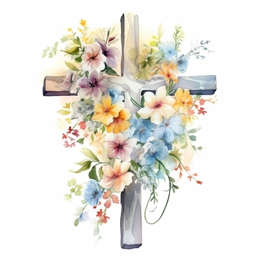 acrylic painting, cross, different flowers, clipart, white background