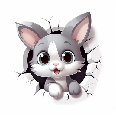 clipart, cute kawaii gray and white kitten sticking his head out of a hole in the wall, isolated on a white background, cartoon style, chibi style, vector, 3D, no shadows