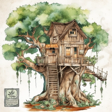 a Tree House watercolor Clipart sublimation clipart graphic, full body, clipart, sticker, a single picture, cartoon style, highly detailed, 8k, one image in the frame--no text in the picture--