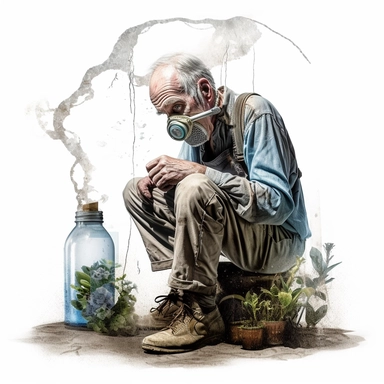 arther adams style, artistic stylish vector cutout border, old skinny decrepit man on his knees with his head hung low wearing old torn and tattered clothing, glass globe with a plant inside and a hose leading to a gasmask on the mans face, realism, realistic, apocolyptic theme, clipart, HD, 4k