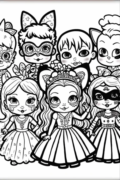 A crowd of cute revelers in Mardi Gras cute masks and cute costumes, Coloring Book, white background, black and white, [clip art]