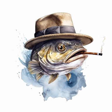 Clipart on white backgraund funny bass fish with glasses and in a hat and a cigarette in his mouth water color