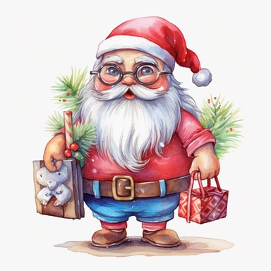 santa summer smile and cute big eyes wear big glasses full body , hold gift and bag summer , cute funny laugh detailed digital art, whimsical and cute, cute detailed artwork, glimmering, adorable and whimsical, whimsical art, watercolor Clipart style