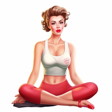 beautiful pretty pin up woman, makeup and hair 50's style, diferent yoga poses,with gym clothes and gym stuff 50's style, paint art style, detail, clipart, white background, superrealistic, one of a kind