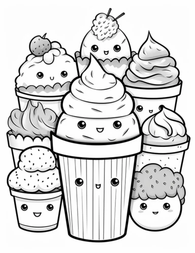 Kawaii Cake Icecream with delightful designs and flavors, like blueberry, chocolate chip, and banana For Simple Coloring page,line art, thick lines, black and white,clipart, illustration, on white background,margin Page 10px