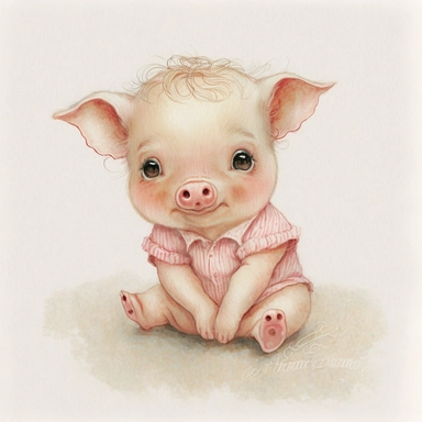 Cute - french style sitting baby piglet smiling clipart, pink red hairclip in its hair, 1960, in the style of realistic watercolors, childlike innocence and charm, adorable eyes, rosy cheeks, shy posture, feminine sensibilities, realistic drawing in storybook illustration, pencil drawing by Angela Barrett, Elsa Beskow 300 DPI, valentines day themed, white background