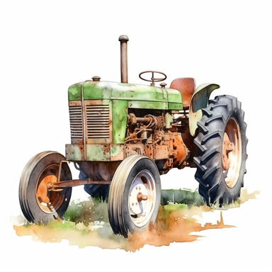 close up realistic watercolor drawing of a rusty green tractor in a new zealand horse farm, on a white background where the background will be removed to repurpose as a clipart.
