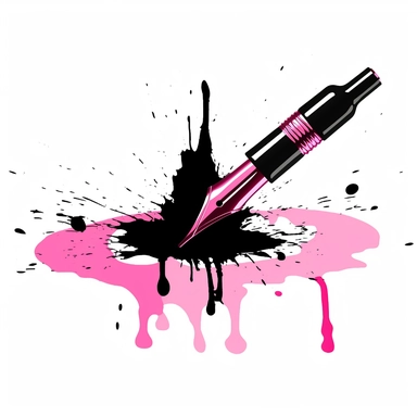 clipart vector art of a pink fountain pen creating a black inkblot on a piece of paper, digital drawing with a transparent background,