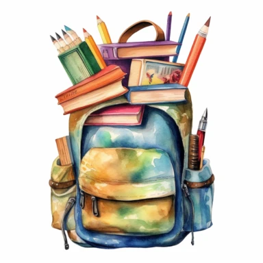 A clipart image of a watercolor backpack filled with books and school supplies on a white background.