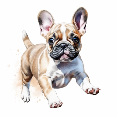 french bulldog puppy running, watercolor illustration, clipart, full body, hyper-realistic animal illustration, childlike, free brushwork, white background
