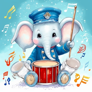 cute baby elephant as a marching band cymbals player, nursery wallpaper clipart naive art