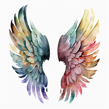 A collection of vibrant and colorful Angel Wings Watercolor Clipart against a white clear background, each pair of wings showcasing a unique and bold color palette. One set of wings features a fusion of fiery red and golden yellow, radiating energy and passion. Another pair dazzles with a mix of cool blues and purples, evoking a sense of tranquility and serenity. The third set boasts a vibrant combination of pink and orange, representing joy and creativity. The watercolor technique brings out th