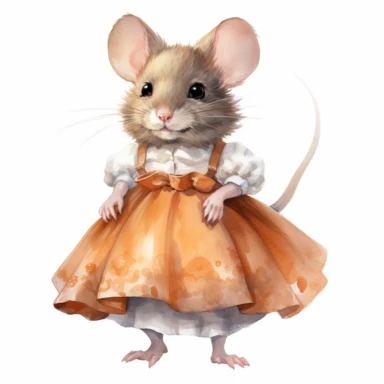 clipart vector image with plain white background of a watercolor painting of an orange mouse standing. Wearing a grey skirt. extremely detailed.