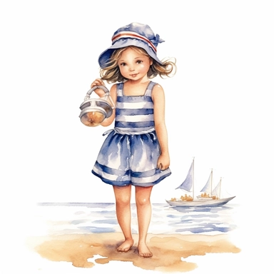 Cute little girl on the beach,dressed in nautical patterns,summer watercolor clipart with white background