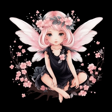 cute fairy with cherry blossoms clipart, watercolor style, Black Background