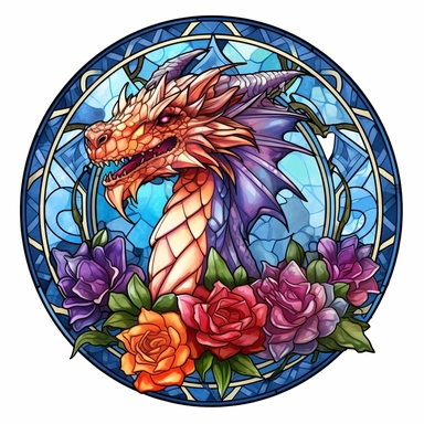 clipart on white background, stained glass dragon and flowers, i cant believe how beautiful this is, fantasycore, dragoncore, mysticalcore