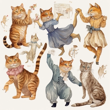 watercolor clipart, cats, dancing, Art Nouveau, highlty detailed