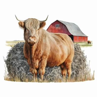 Highland Longhair Cow standing on a hay bale, with a red barn in the background, Watercolor, Clipart, sweet, cute, transparent background PNG