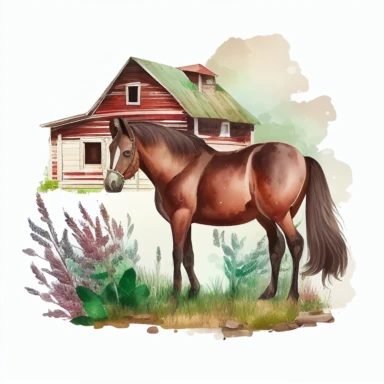 horse stand in the farm house, horse eating grass, watercolor, Western Clipart, Farm Animals, photorealistic. 4k, vector