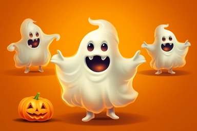 Cute ghost. Happy halloween ghosts characters, spooky expression creature. Funny scary magic demon with pumpkin, mystery creative nowaday vector clipart, realistic, full frame, very detailed