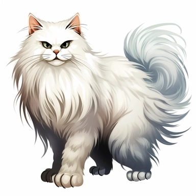 Clip Art of MONSTER FRIGHTENING HALLOWEEN THEME Big Maine CAT Breed with with Extra long thick Fantasy hair a beautiful thick fluffy tail and elongated ears that are tufted, FANGS, CLAWS, 2D, VECTOR on white background
