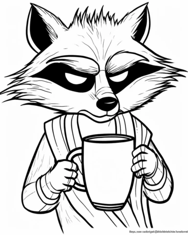 clipart sticker of martian royalty racoon sipping coffee black and white illustration coloring book
